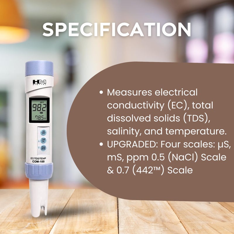 HM Digital HMDCOM100 Waterproof EC/TDS And Amp Temperature Combo Meter - Image 4